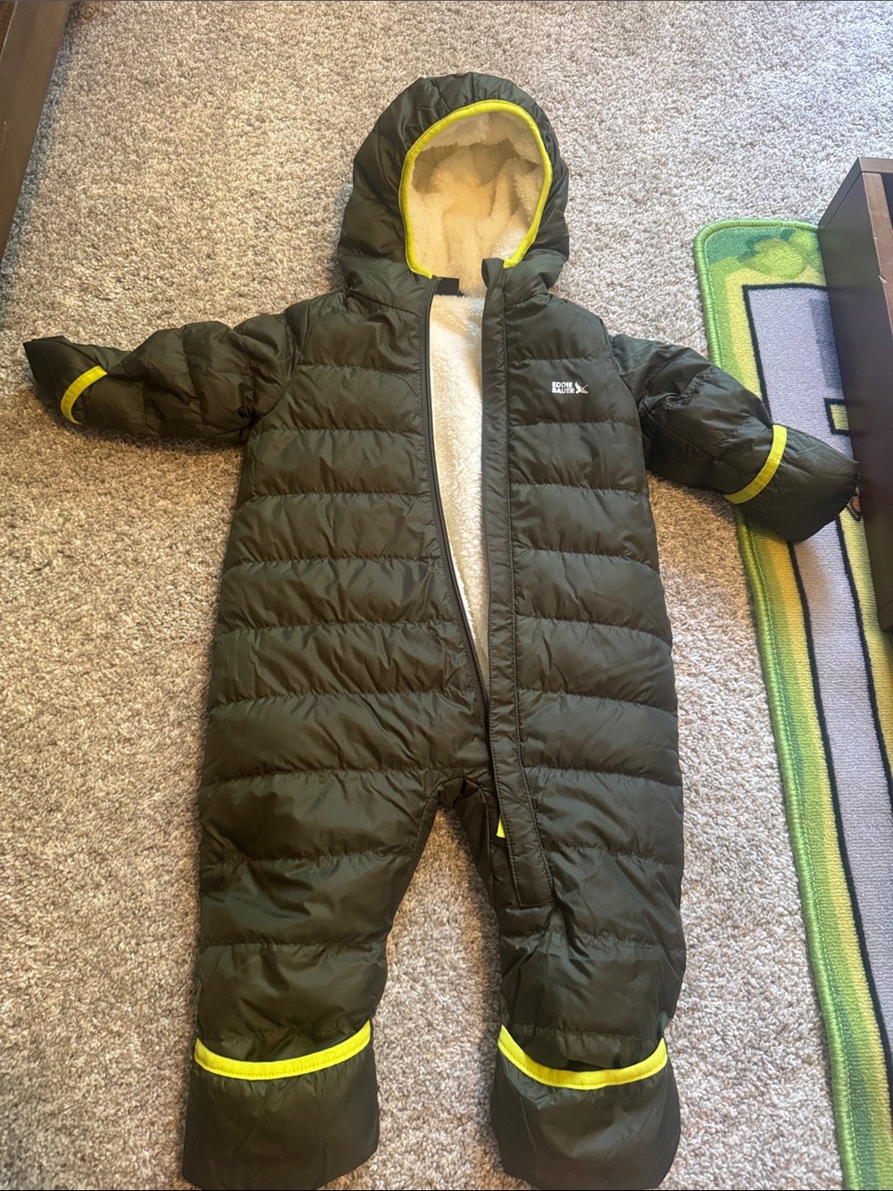Eddie Bauer Olive Green Puffer Infant One-Piece with Yellow Trim